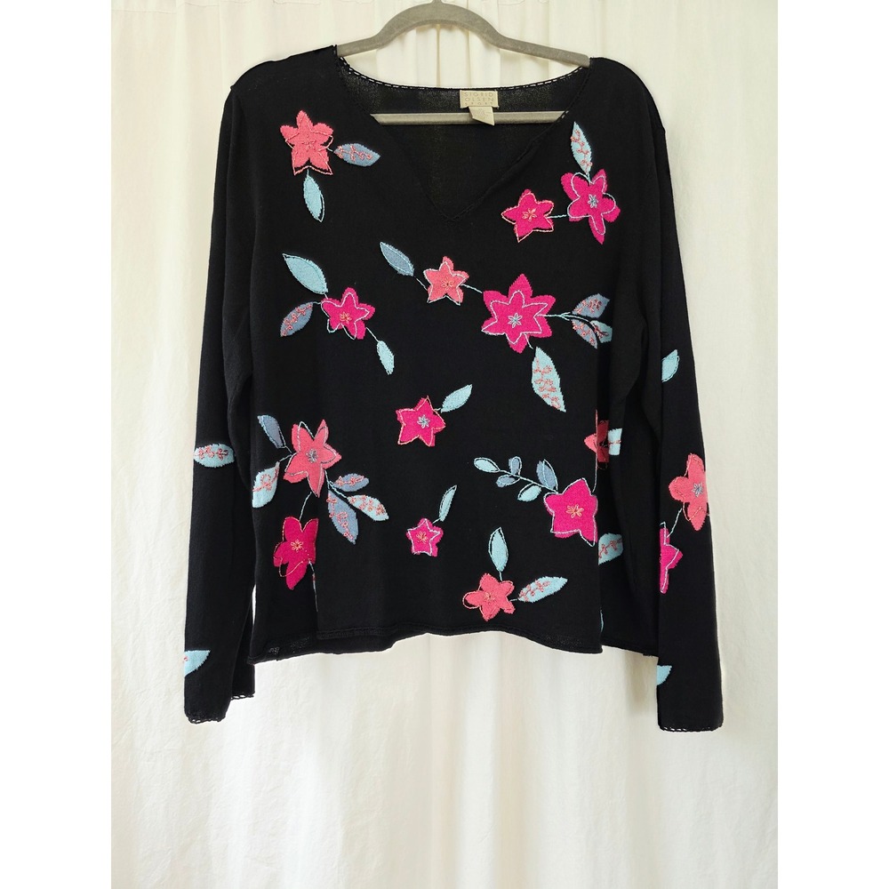 Sigrid Olsen vintage Black Floral Embroidered V-Neck Sweater XL coastalgrandma - Picture 2 of 10
